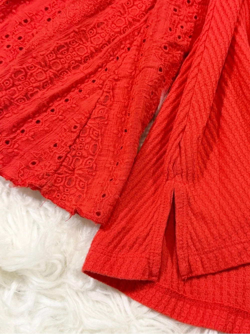 Free People Parisian Vermillion Top Embroidery Eyelet V-Neck Bell Sleeves